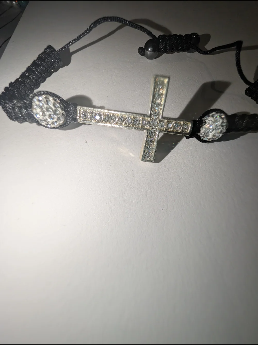 Black Macrame Cross Bracelet with Crystal Accents